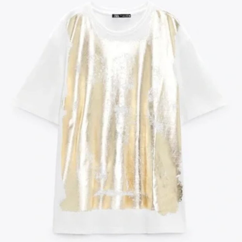 ✨ ZARA Gold Metallic Print T-Shirt - New✨ - Picture 2 of 6